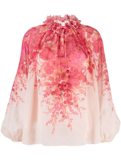 Zimmermann High Tide Billow Blouse In Pink Ikat Floral