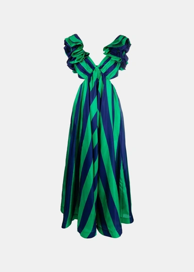 Zimmermann Tiggy Striped Frill-shoulder Maxi Dress In Navy Green Stripe