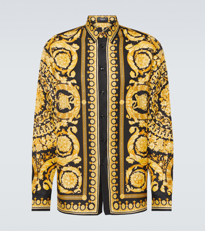 Versace Barocco Print Long-sleeve Silk Shirt In Black Gold