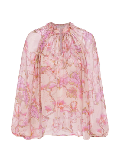 Zimmermann Matchmaker Billow Floral-print Blouse In Coral Hibiscus