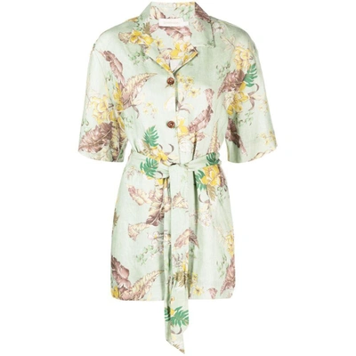 Zimmermann Matchmaker Belted Floral-print Linen Shirt In Green