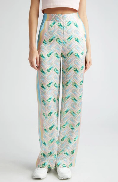 Casablanca High-rise Logo-print Side-stripe Straight-leg Silk Trousers In Neutral