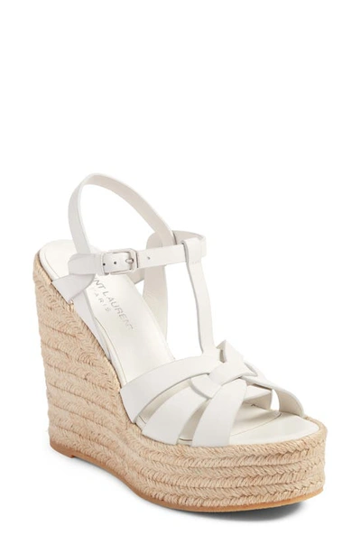 Saint Laurent Tribute Matte Leather Platform Espadrille Sandal In Porcellana