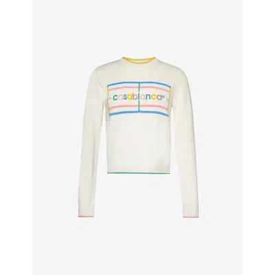 Casablanca Womens Pastel Court Logo-intarsia Contrast-trim Cotton Jumper In White