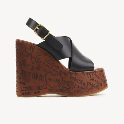 Chloé Maxime Leather Slingback Platform Wedge Sandals In Black