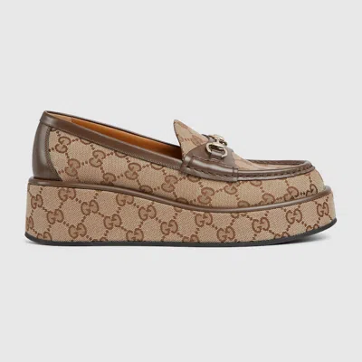 Gucci Horsebit Canvas Wedge Loafers In Beige