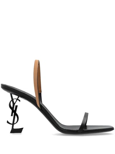 Saint Laurent Opyum Bicolor Ysl-heel Slide Sandals In Neroglbrwn