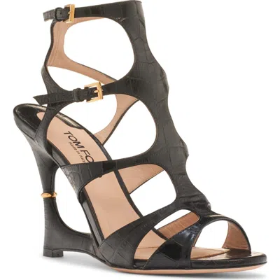 Tom Ford Crocodile-embossed Caged Wedge Sandals In Black