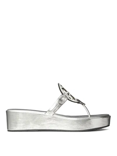 Tory Burch Miller Wedge Thong Sandals In Silver