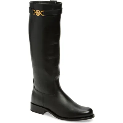 Versace Safety Pini Low Heels Boots In Black Leather