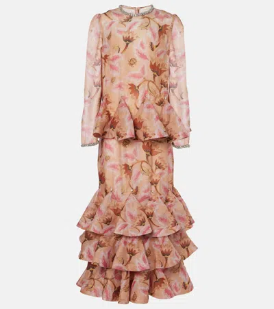 Zimmermann Tiered Linen And Silk Maxi Dress In Pink/multi