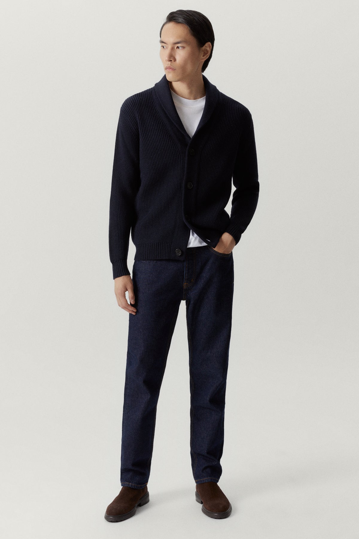 the merino wool shawl cardigan oxford blue