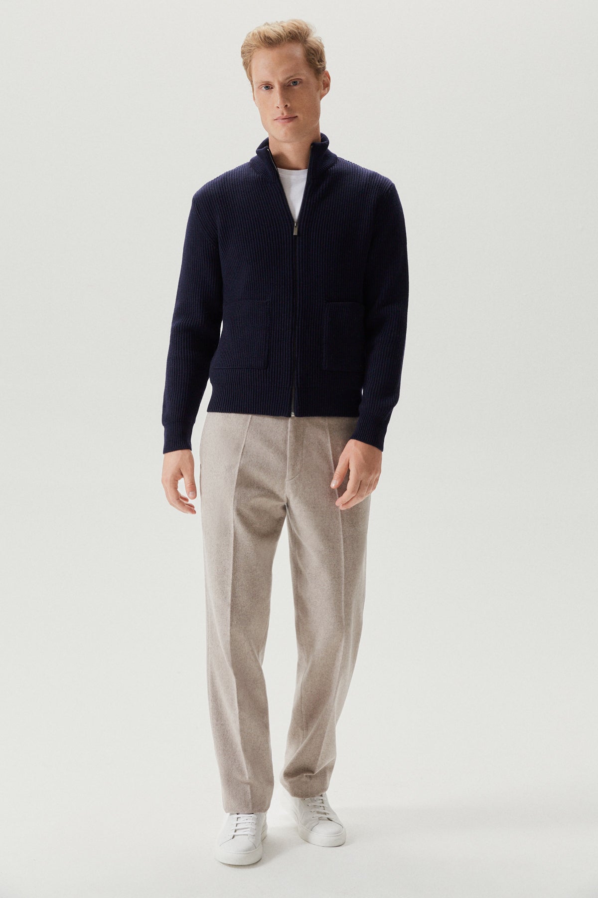 the merino wool zipped cardigan oxford blue