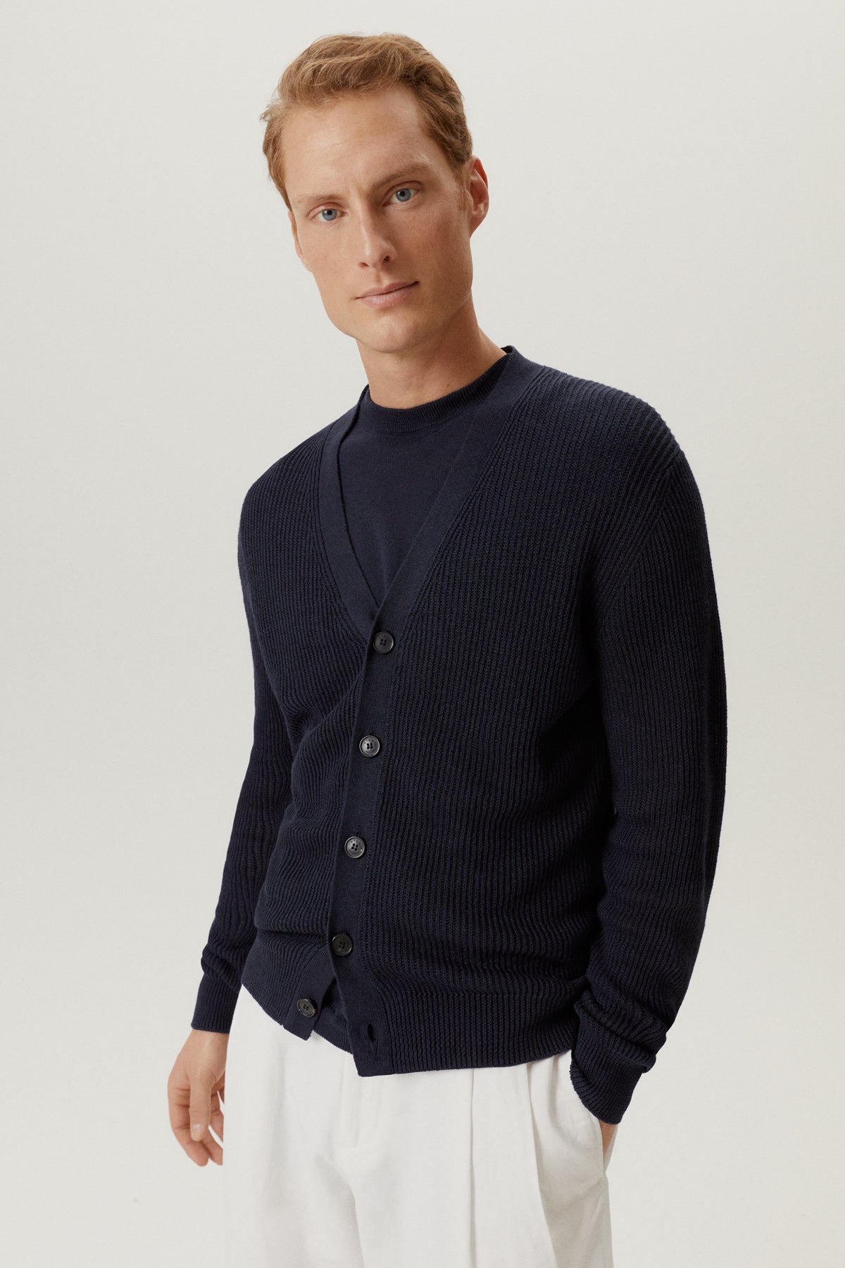 the linen cotton ribbed cardigan 2 blue navy