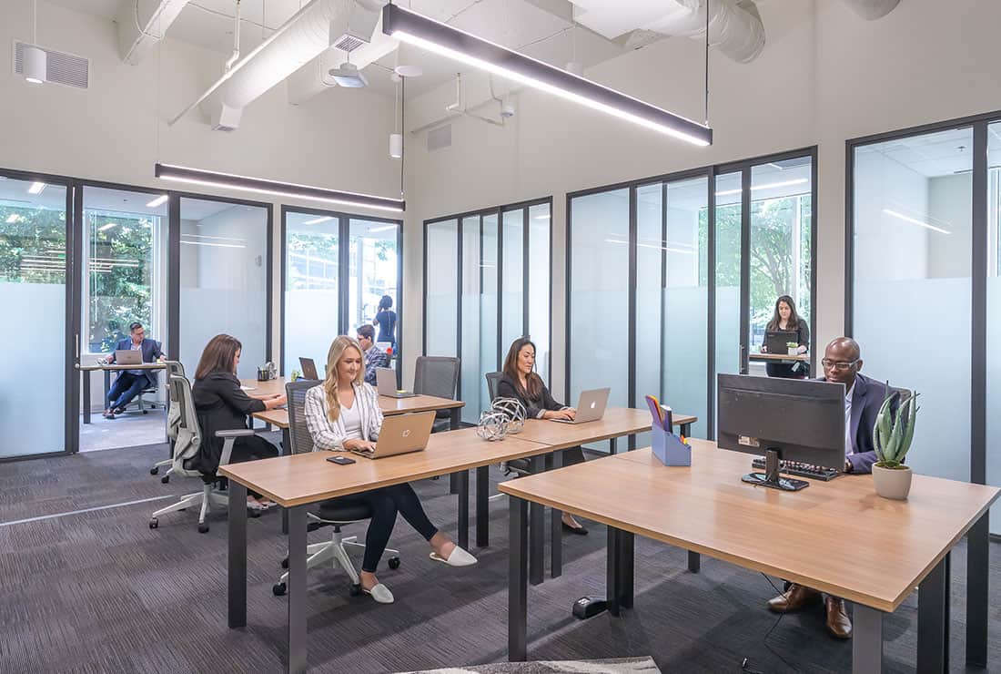 Members working independently throughout a private Team Room.