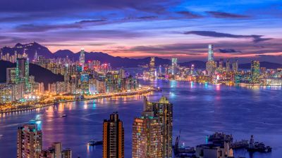 City Skyline, Night life, Cityscape, Hong Kong, Skyscrapers, Purple sky, River, Sunset, Night lights, 5K