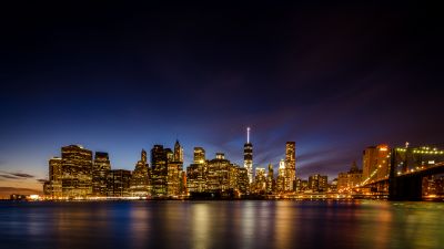 New York City, Long exposure, Skyline, Brooklyn Bridge Park, Waterfront, Night time, Cityscape, City lights, Reflection, Skyscrapers