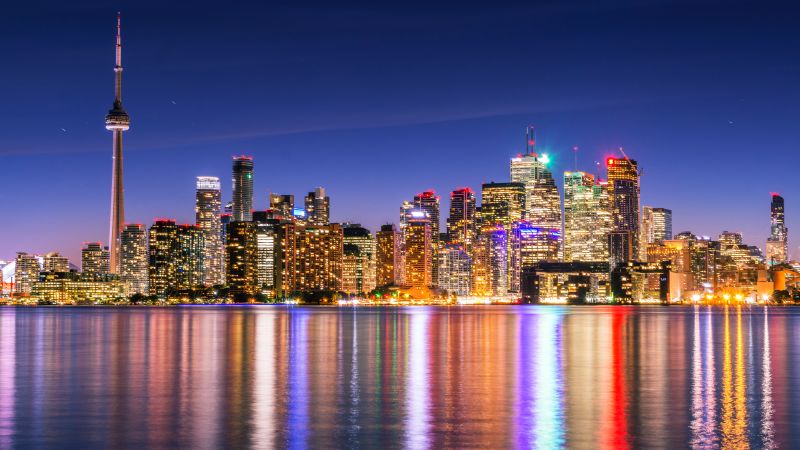 Toronto Skyline, Skyscrapers, Canada, Cityscape, Night lights, Waterfront, Dusk, Reflections, Modern architecture, Clear sky, Multicolor, 5K, Wallpaper