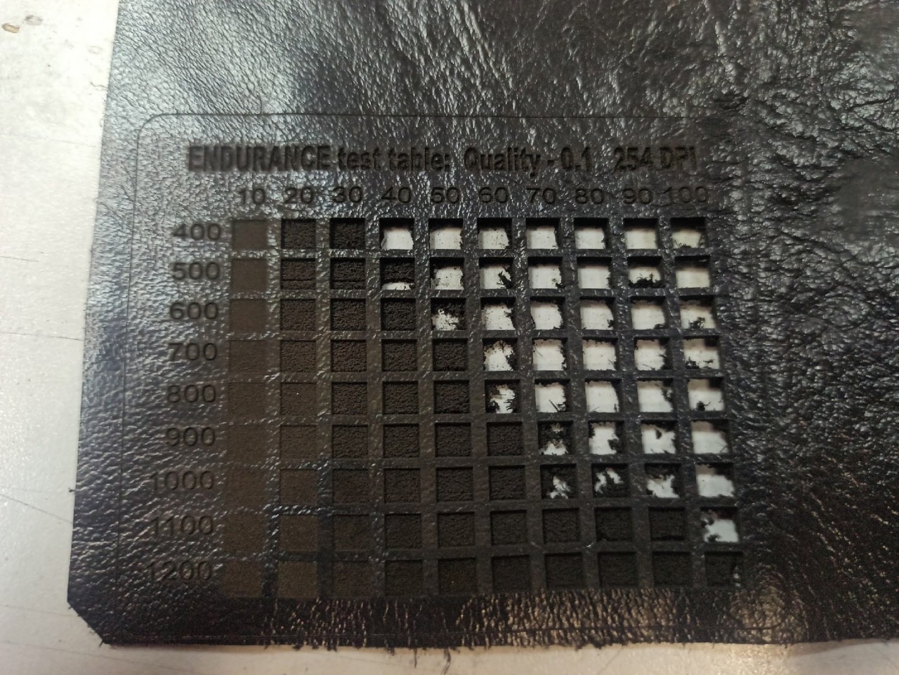 Laser engraving test parameters - leather