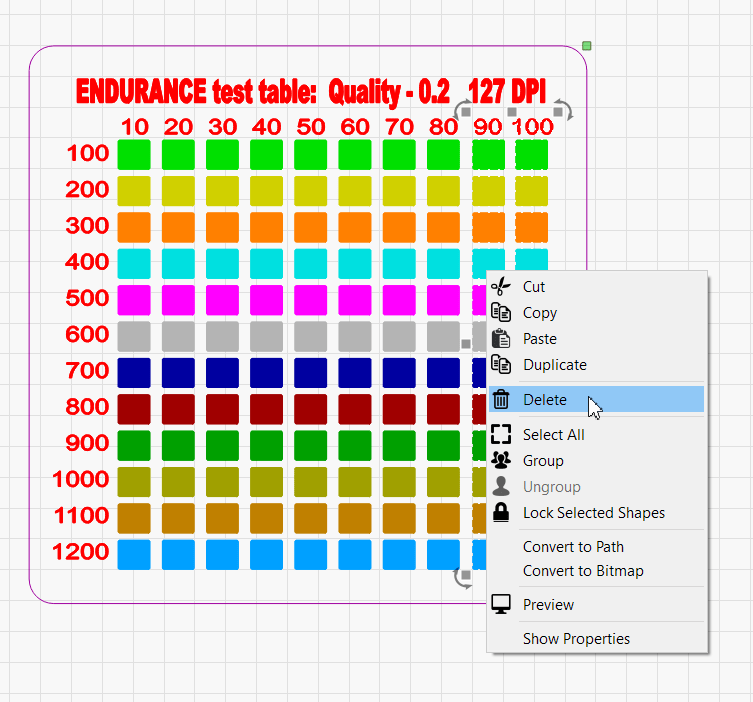 Laser engraving test parameters