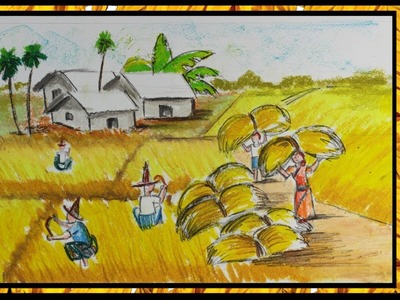 How to Draw Village Scenery of Autumn Season Farmers Harvesting Easy Drawing Step by Step Pastel Art