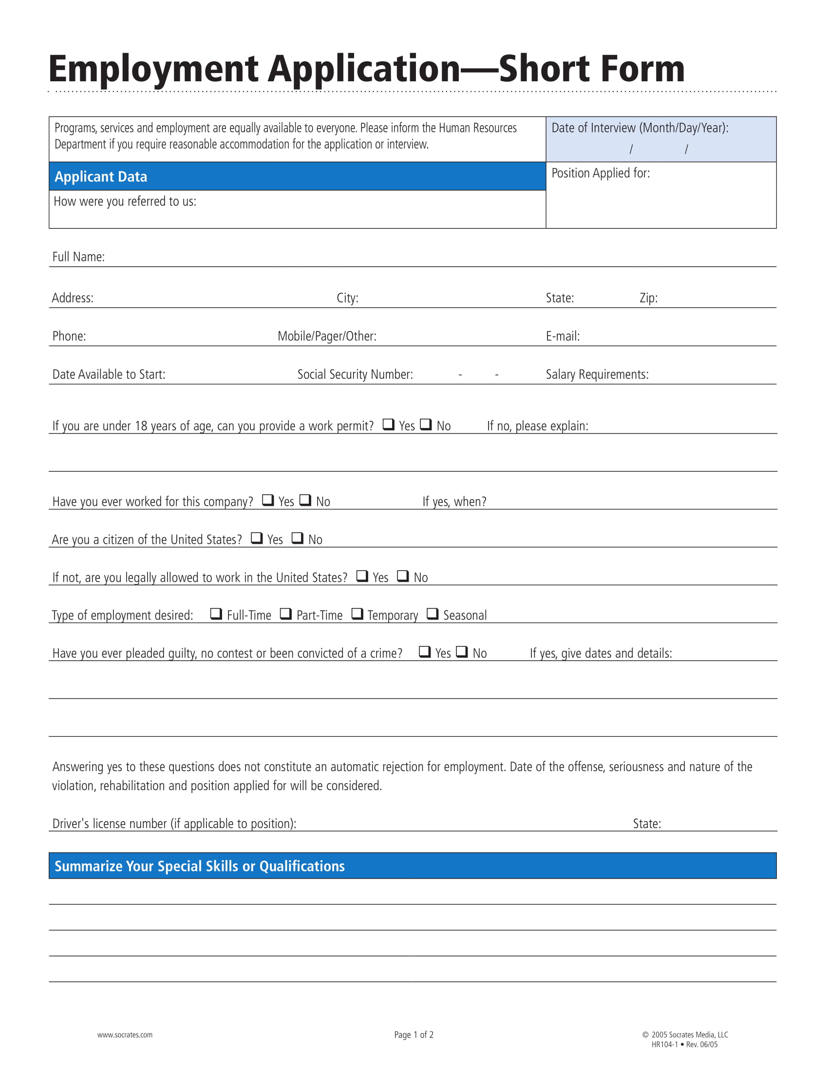 Job Application Free Printable