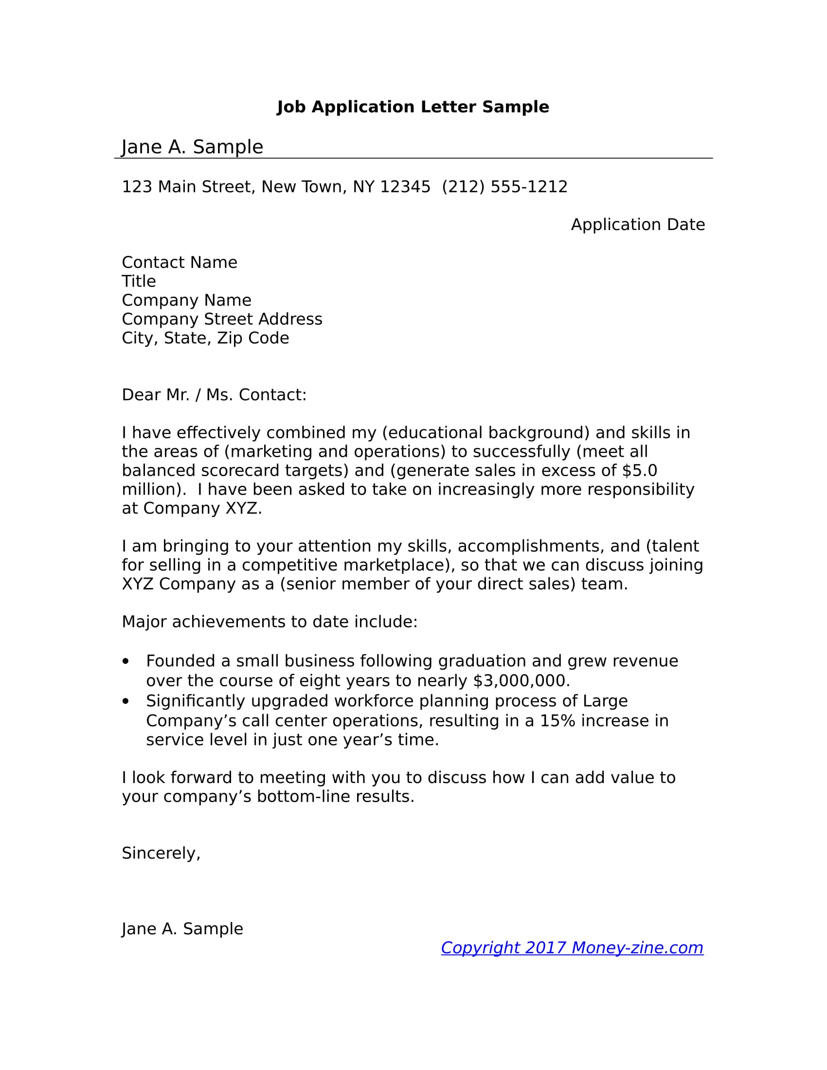 Job Application Letter Sample Format