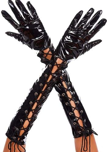 Womens Black Patent Lace Up Gloves