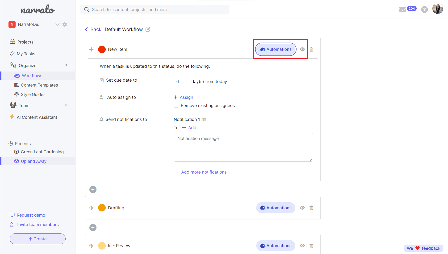 Content workflow automation on Narrato