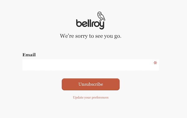 Die Abmeldeseite von Bellroy mit Eingabefeld für die E-Mail-Adresse.