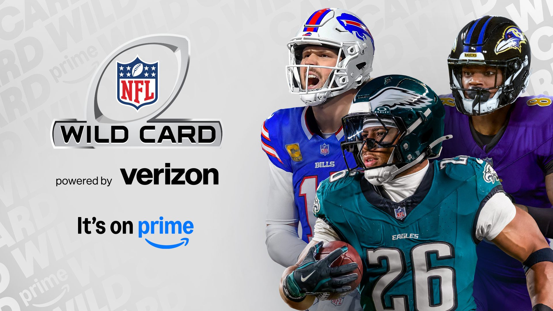 NFL Wild Card playoff promotion featuring players from Bills, Eagles, and Ravens