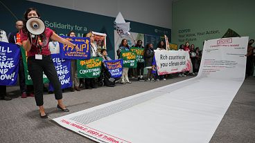 Die Aktivistin Teresa Anderson führt während der COP29 eine Demonstration an, bei der sie eine Klimafinanzierung fordert.