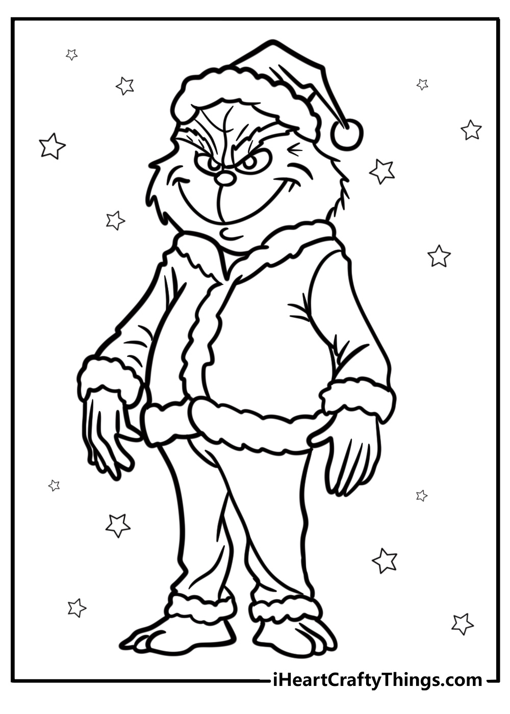 Color a smiling grinch in his santa outfit