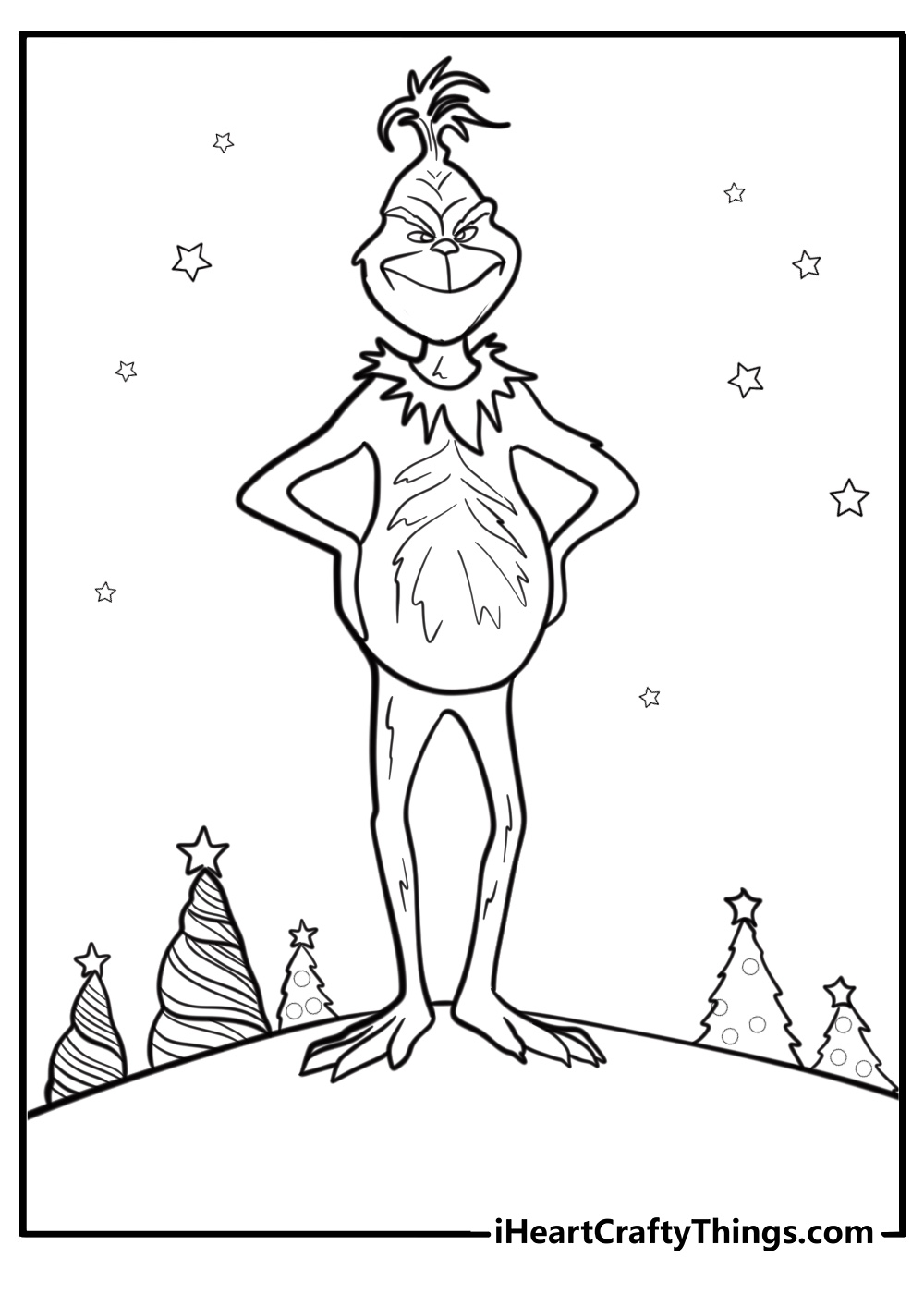 The Grinch standing on a snowy hill printable coloring sheet