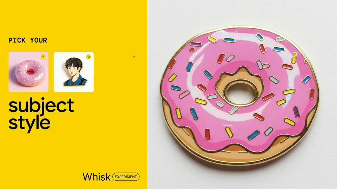 Set against a bright yellow background, this image showcases how Whisk can generate an image onto an enamel pin. It features a colorful glazed doughnut with sprinkles. On the left hand side, a realistic photo of a glazed doughnut next to a metallic cutout of a man serving as the subject and style for the final enamel pin generation.