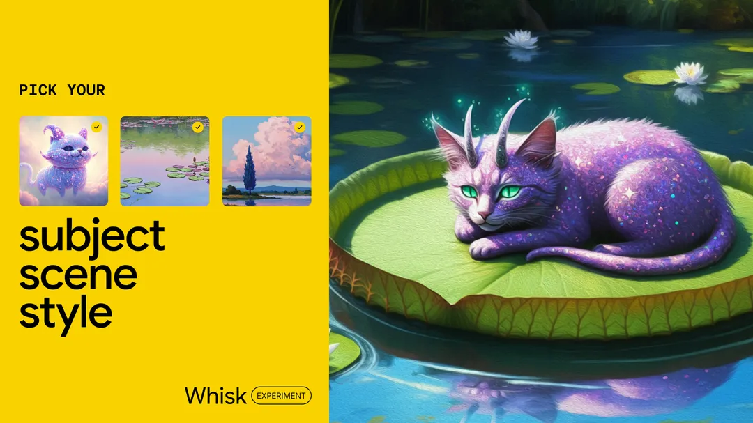 Set against a bright yellow background, this image showcases a fantastical cat with horns. It has a sparkling, purple-hued coat and striking green eyes. This creature is resting on a large lily pad in a body of water with additional lily pads in the background. Three image thumbnails are the image inputs used; a sparkly cat with horns appears as the subject input image, a nature scene with lilies and a landscape with a tree and clouds for style.