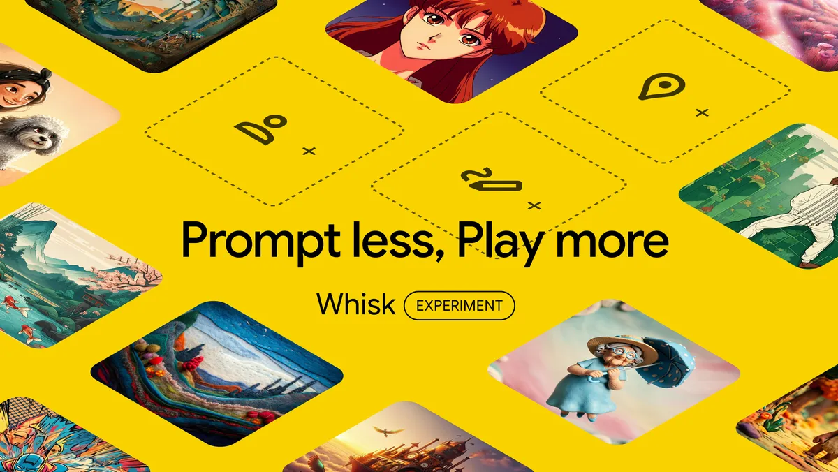 On a vibrant yellow background, a collage of diverse AI-generated images—including a portrait, a landscape, and an anime character—surrounds the text "Prompt less, Play more" in bold black letters. This promotes "Whisk," an AI experiment from Google, invi