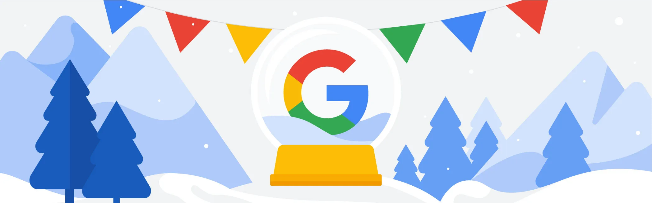 A festive illustration with a snow globe featuring the Google "G" logo, surrounded by snow-covered hills, evergreen trees, and celebratory flags.  This image likely promotes a Google holiday campaign or event.