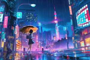 Anime Girl Short Hairs Crossing Street On Rainy Day (2560x1700) Resolution Wallpaper