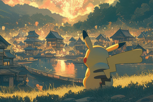 Pikachu Seeing Fireworks (2560x1700) Resolution Wallpaper