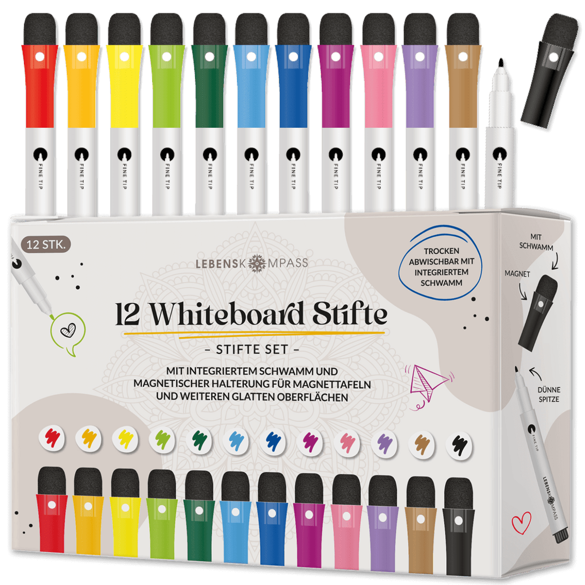 Whiteboard Stifte Set - 12 bunte Marker