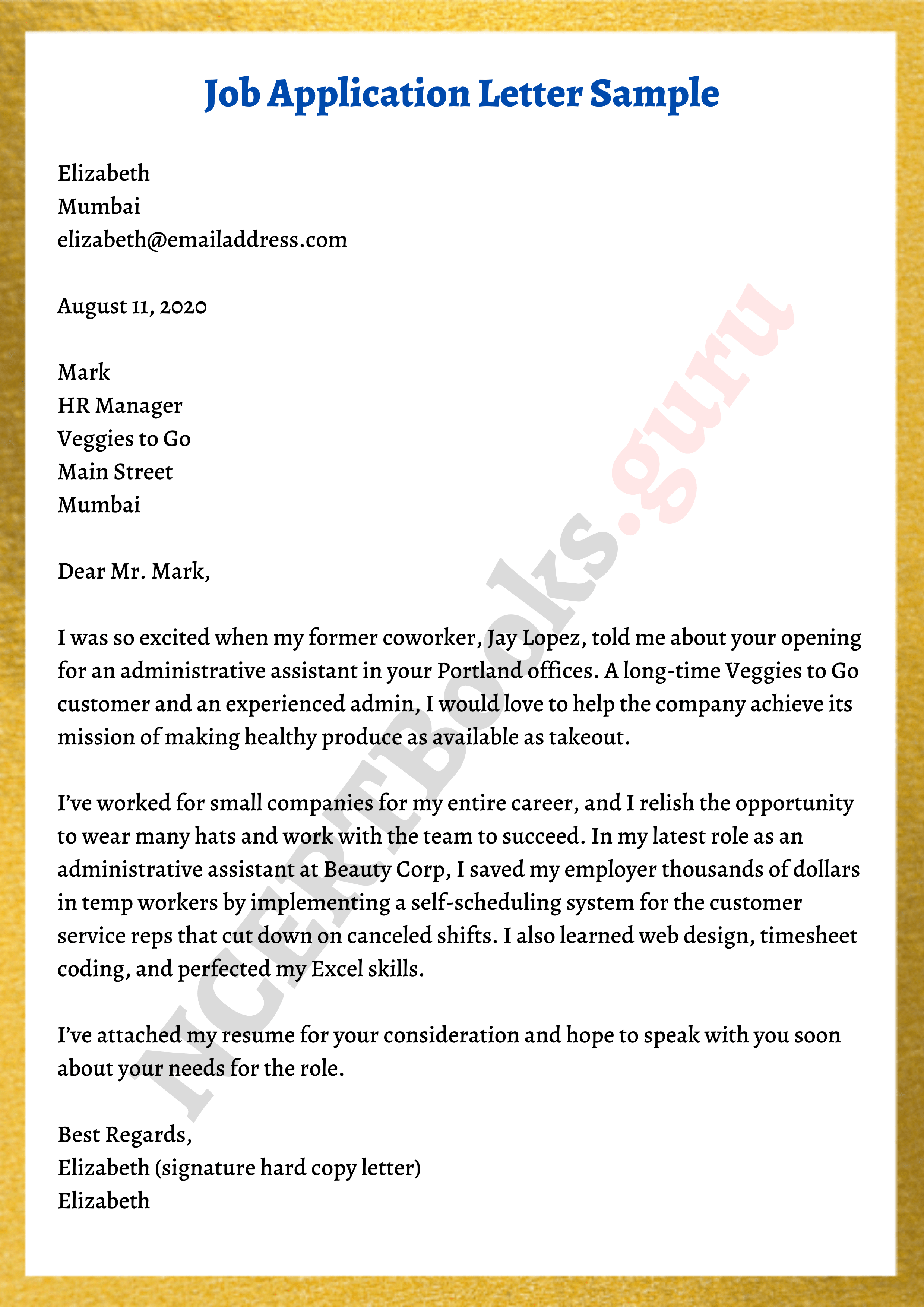 example of employment application letter