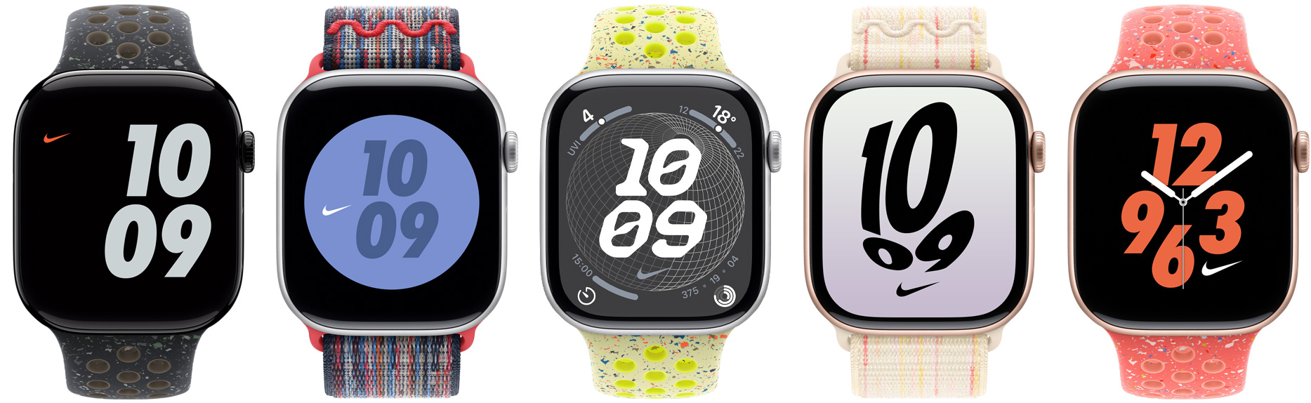 五只 Apple Watch 设备各自搭配 Nike 运动表带和 Nike 回环式运动表带，展示色彩各异的 Nike 表盘。