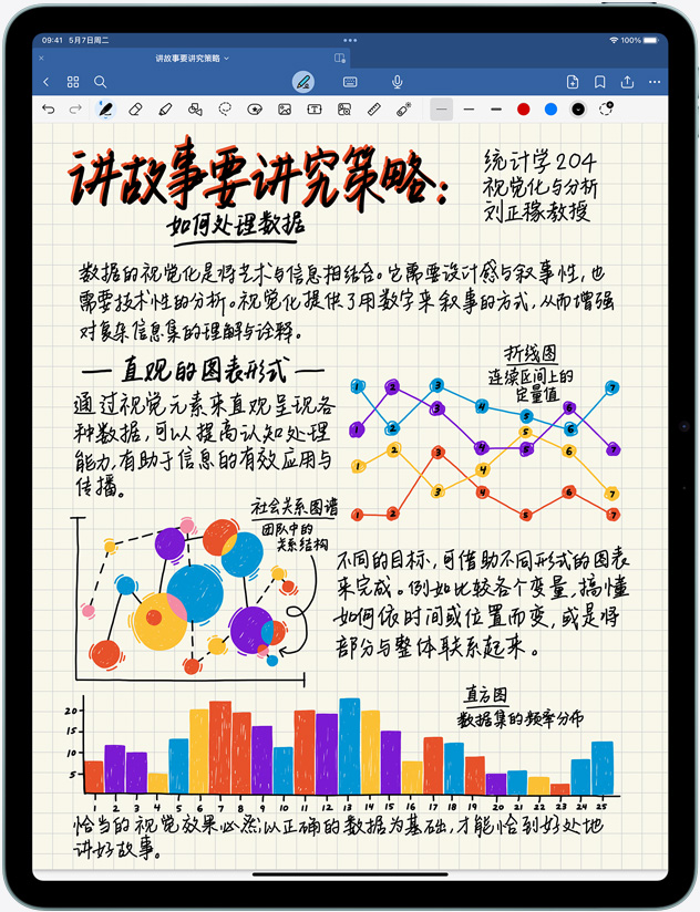 竖屏放置的 iPad Air，屏幕显示着备忘录和图片。