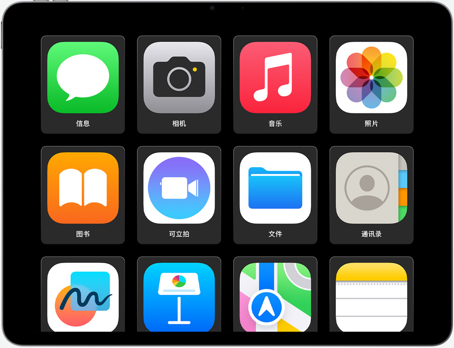 横屏放置的 iPad Air，屏幕上显示着网格布局并放大显示的 app 图标，清晰易看。