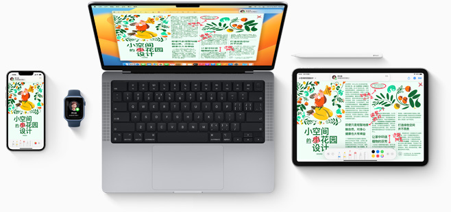 iPhone、Apple Watch、MacBook 和 iPad 俯视图，屏幕内容类似。