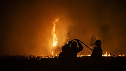 De pompiers luttent contre le feu à Agueda (Portugal), le 17 septembre 2024. (PATRICIA DE MELO MOREIRA / AFP)