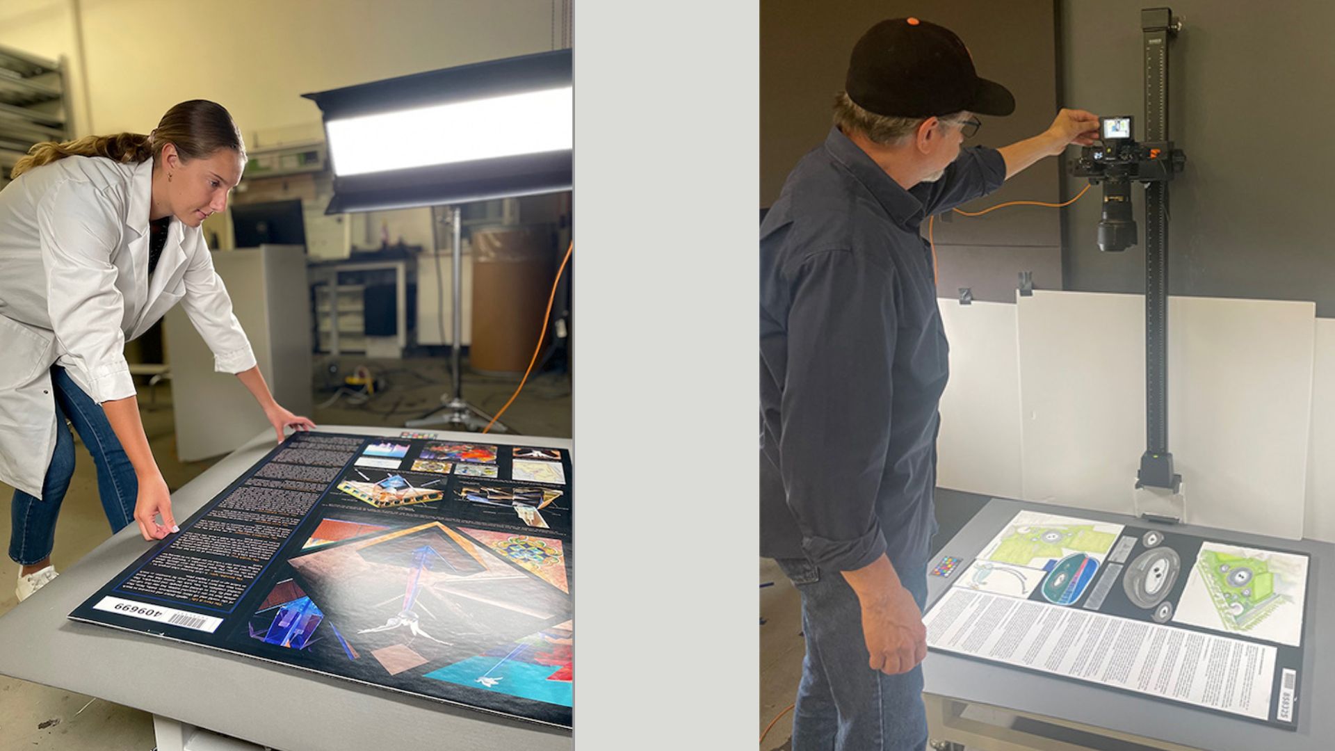 On right, a man in a baseball cap, wearing jeans and a dark untucked shirt, adjusts a light over design boards that show proposals for the memorial. On left, woman in a ponytail, jeans, and white lab coat leans over to adjust boards depicting proposed memorial designs. 