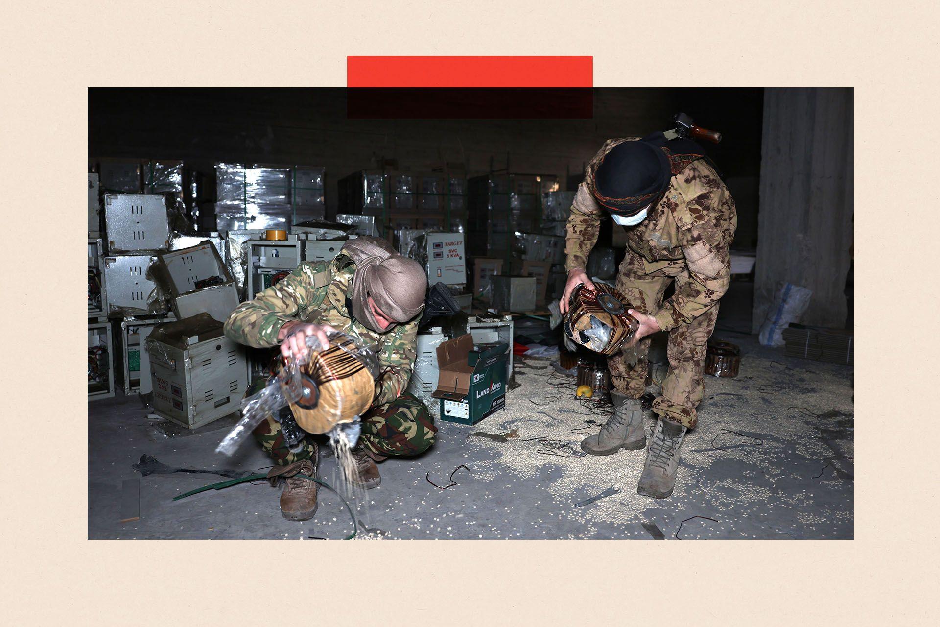 A treated image shows two men inspect electrical storage components that spill pills onto the floor