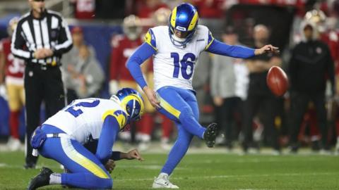 Joshua Karty kicks a field goal against the San Francisco 49ers